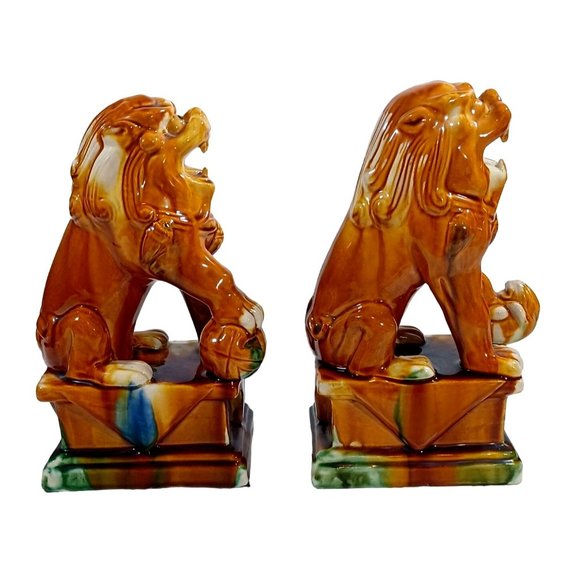Art Vtg Chalkware Lion Foo Dog Drip Glaze Majolica Pottery Bookends Sculptur Poshmark